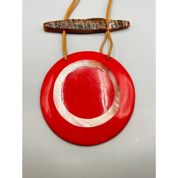 Oversized Red Statement Necklace Big Round Pendant with Mother of Pearl & Horn - Picture 5 of 11